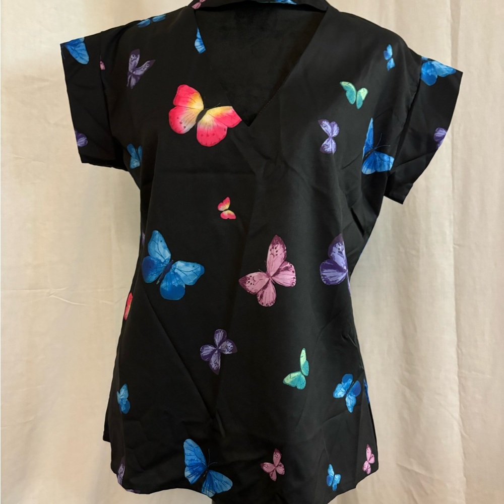 Butterfly Print Black Women's Top